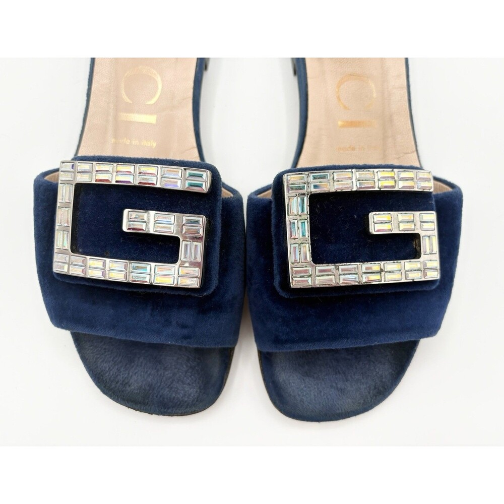 Gucci Blue Velvet Sandals w/ Crystal Embellished Monogram Accent Slides EU 37.5 - Picture 7 of 12